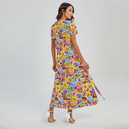 Smiley Faces Emoji Pattern Print Short Sleeve Maxi Dress