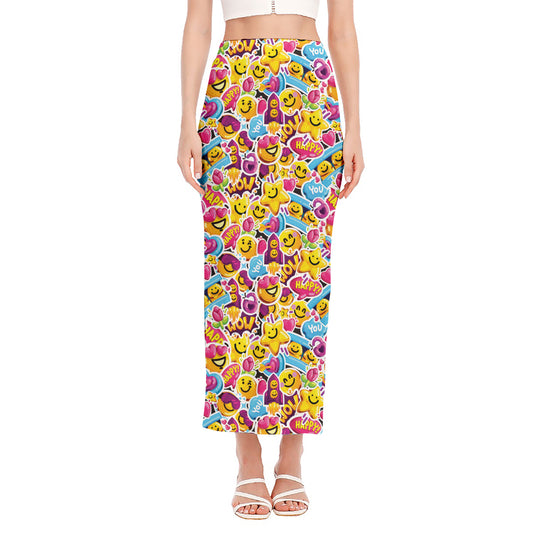 Smiley Faces Emoji Pattern Print Side Slit Maxi Skirt