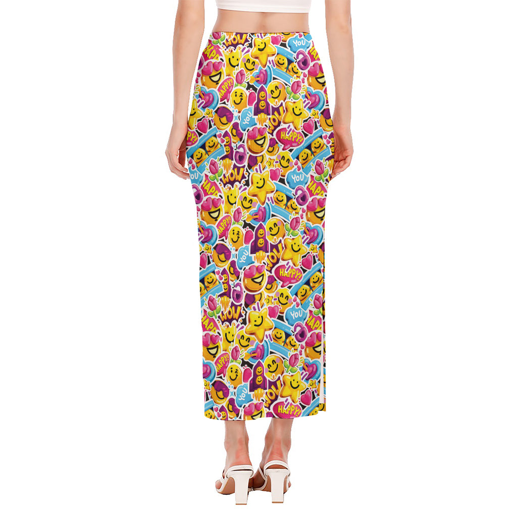 Smiley Faces Emoji Pattern Print Side Slit Maxi Skirt