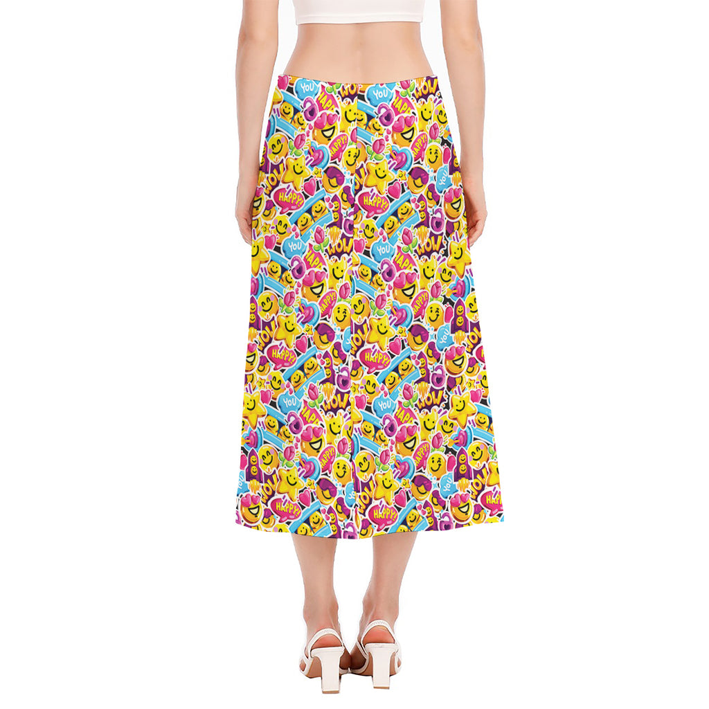 Smiley Faces Emoji Pattern Print Side Slit Midi Skirt