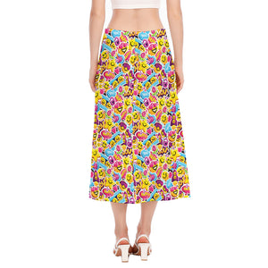 Smiley Faces Emoji Pattern Print Side Slit Midi Skirt