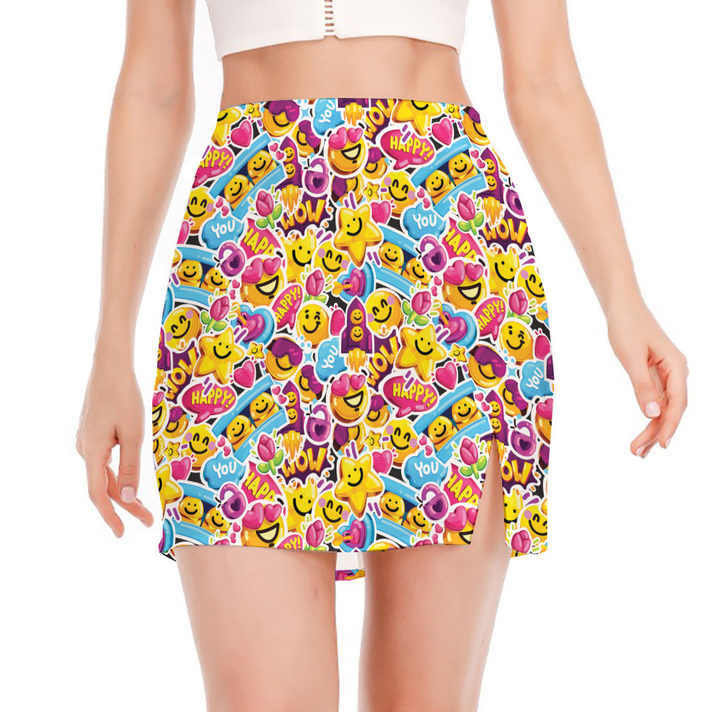 Smiley Faces Emoji Pattern Print Side Slit Mini Skirt