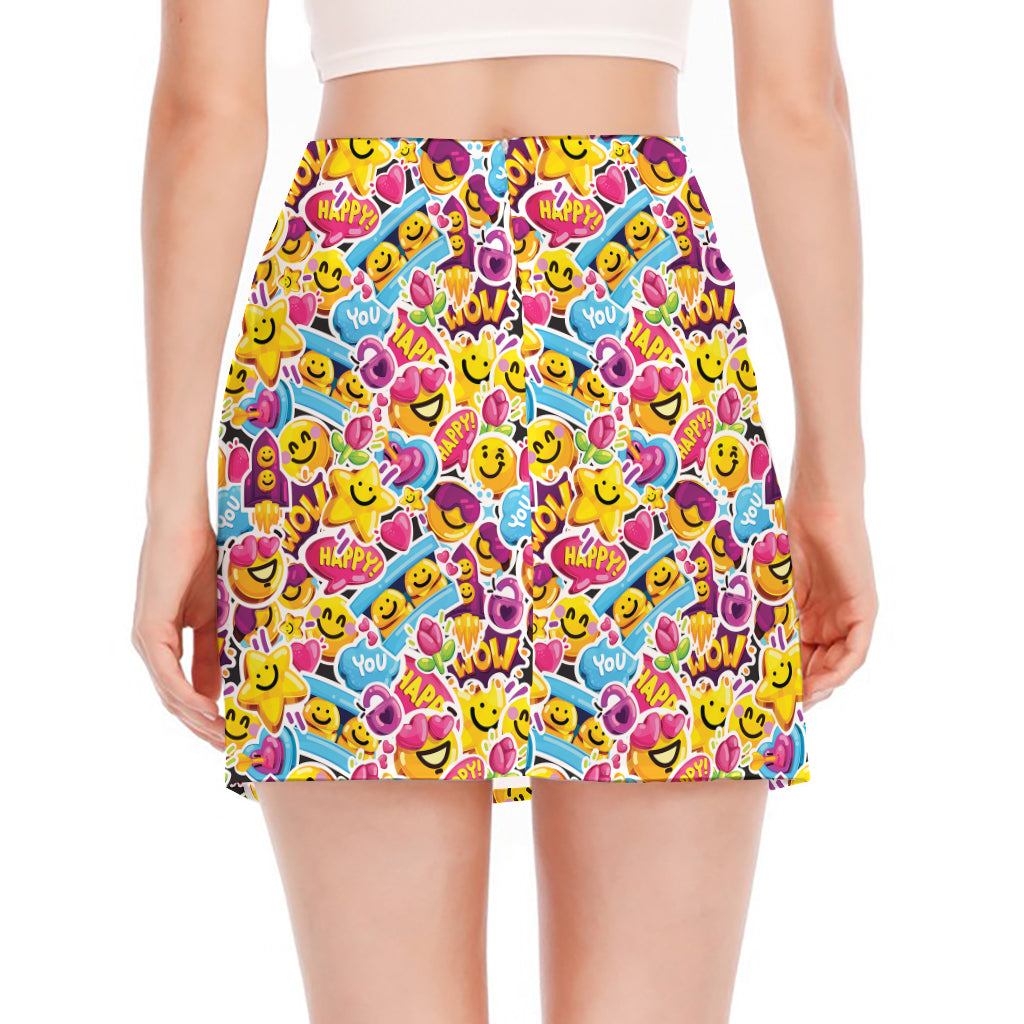 Smiley Faces Emoji Pattern Print Side Slit Mini Skirt