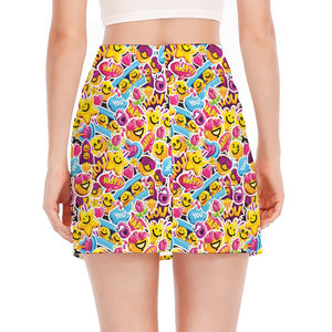 Smiley Faces Emoji Pattern Print Side Slit Mini Skirt