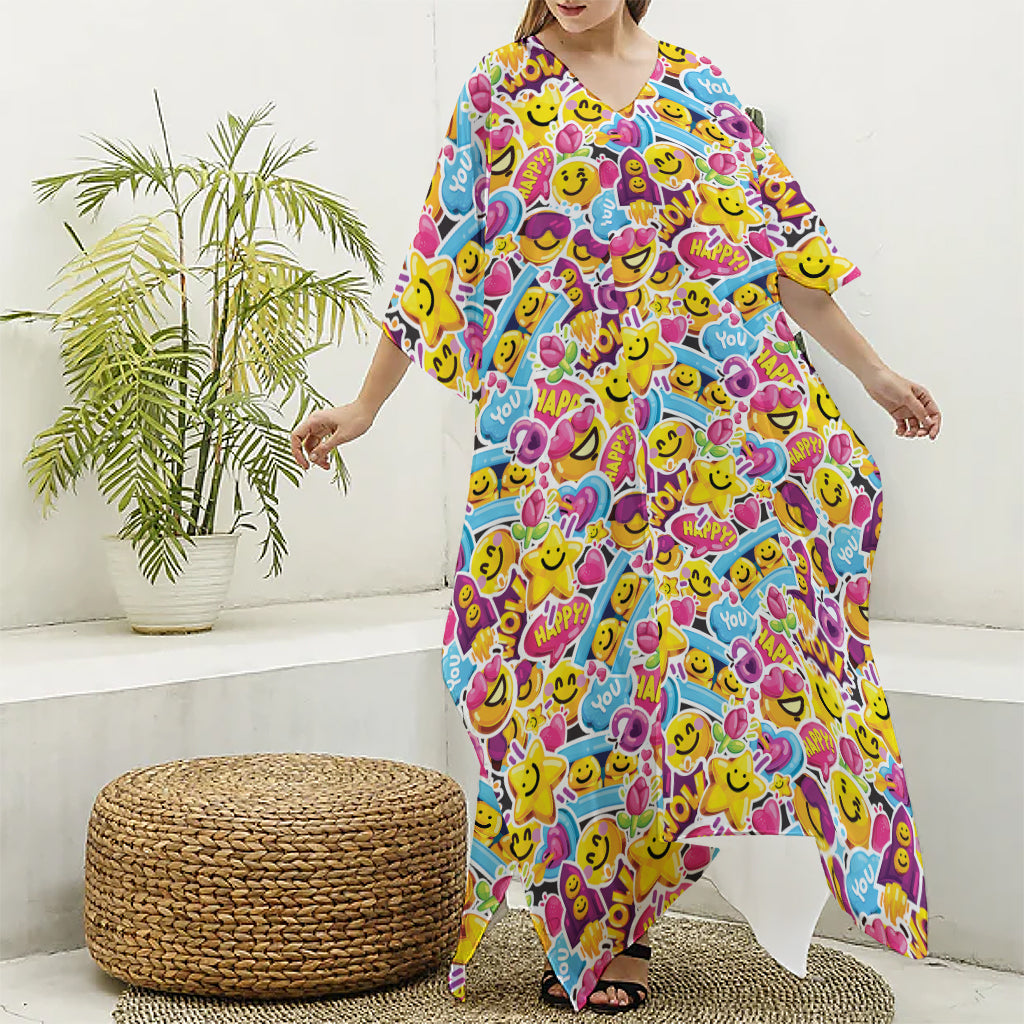 Smiley Faces Emoji Pattern Print Silk V-Neck Kaftan Dress