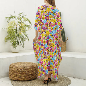 Smiley Faces Emoji Pattern Print Silk V-Neck Kaftan Dress