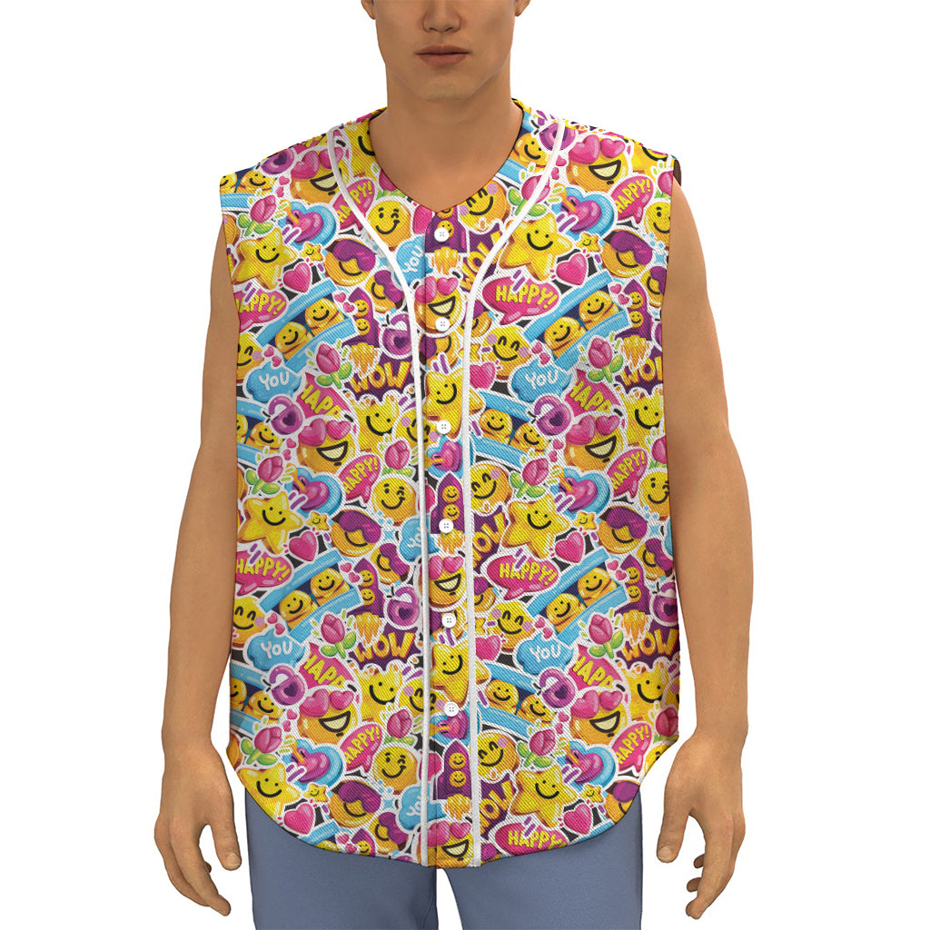 Smiley Faces Emoji Pattern Print Sleeveless Baseball Jersey