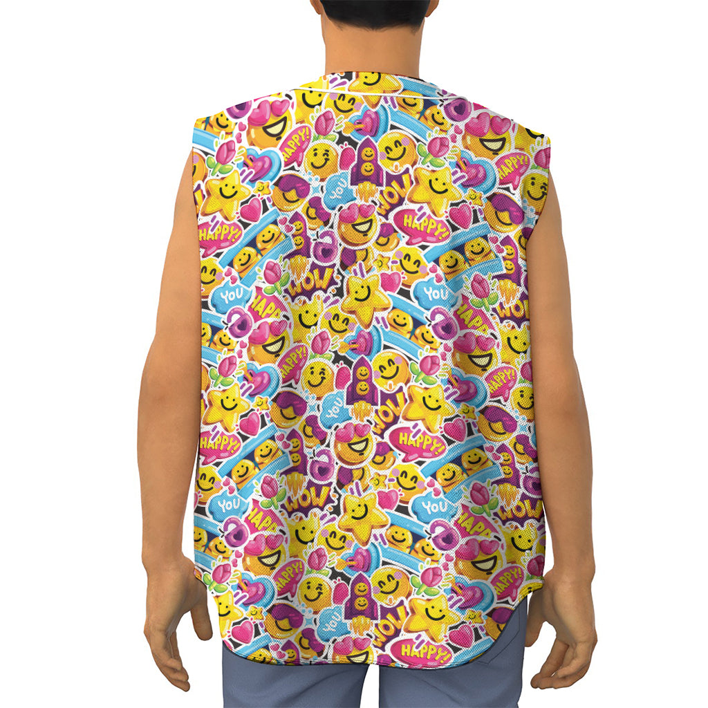 Smiley Faces Emoji Pattern Print Sleeveless Baseball Jersey