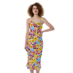 Smiley Faces Emoji Pattern Print Slim Fit Midi Cami Dress