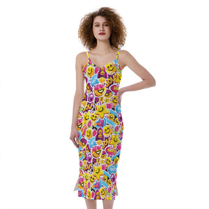 Smiley Faces Emoji Pattern Print Slim Fit Midi Cami Dress