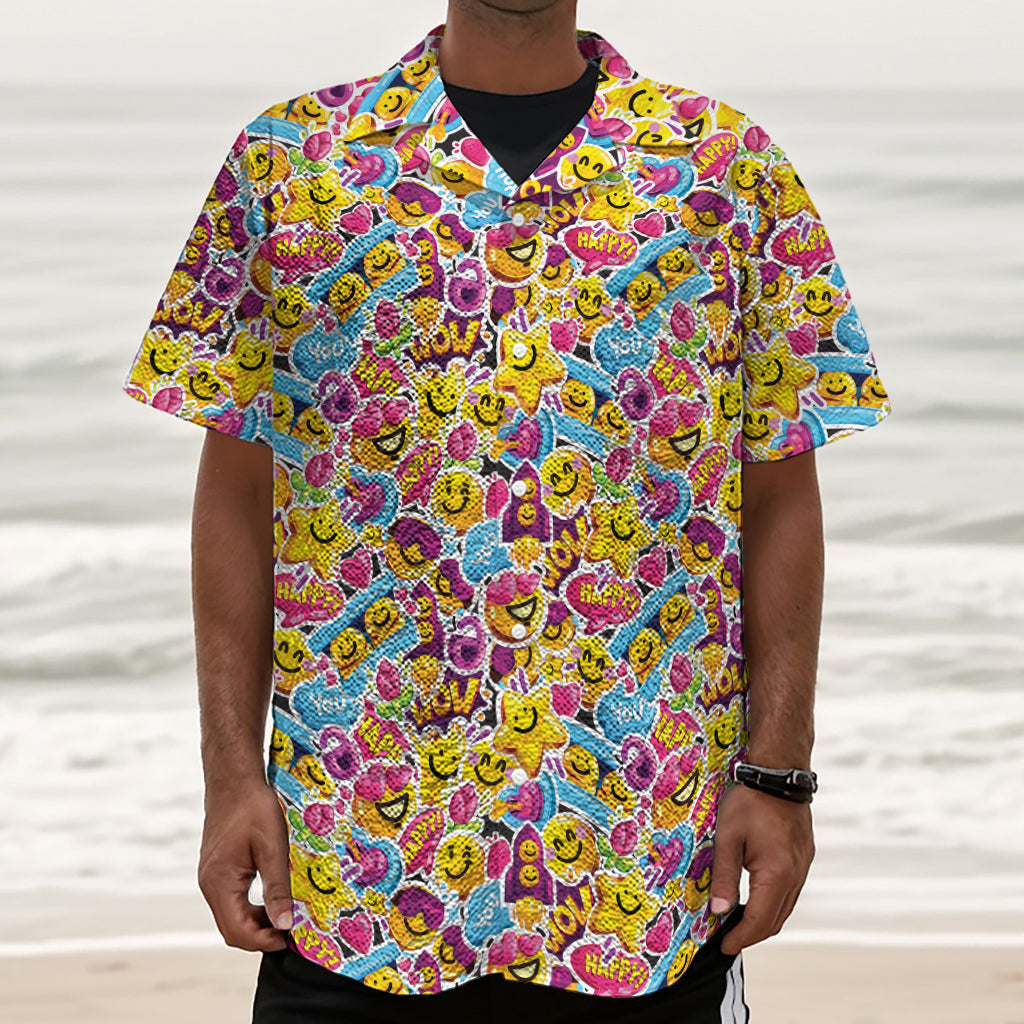 Smiley Faces Emoji Pattern Print Textured Short Sleeve Shirt