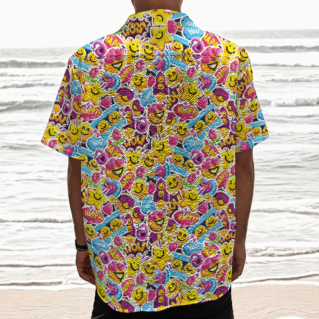 Smiley Faces Emoji Pattern Print Textured Short Sleeve Shirt