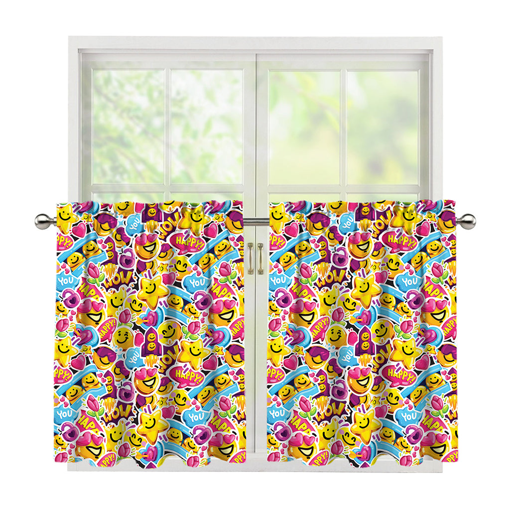 Smiley Faces Emoji Pattern Print Tier Curtains
