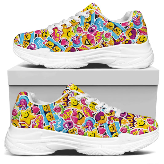 Smiley Faces Emoji Pattern Print White Chunky Shoes