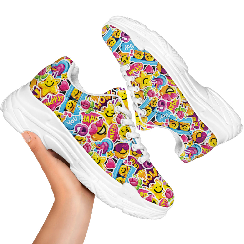Smiley Faces Emoji Pattern Print White Chunky Shoes