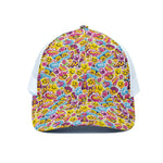 Smiley Faces Emoji Pattern Print White Mesh Trucker Cap