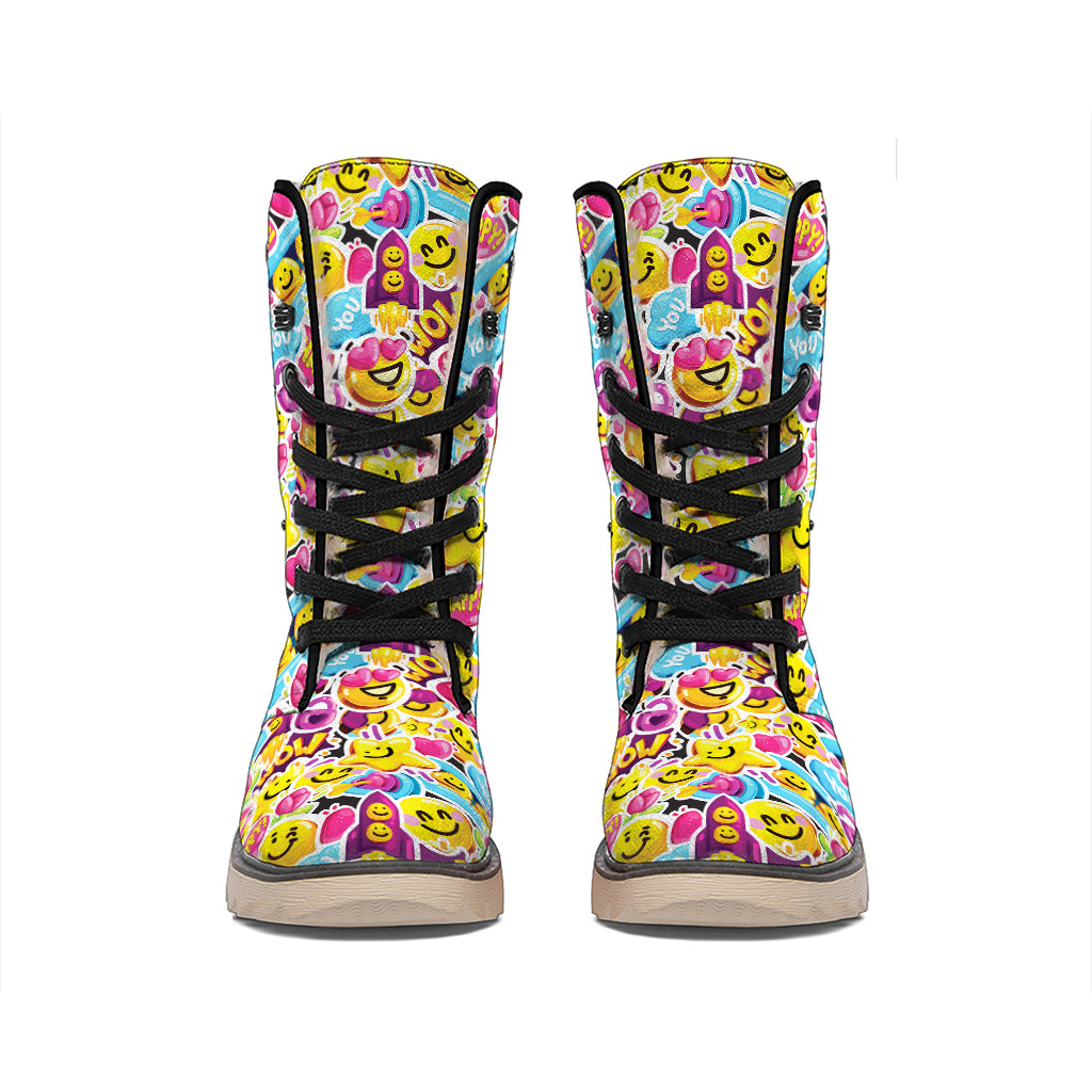 Smiley Faces Emoji Pattern Print Winter Boots