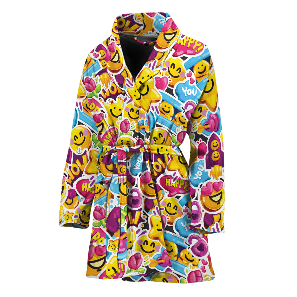 Smiley Faces Emoji Pattern Print Women's Bathrobe