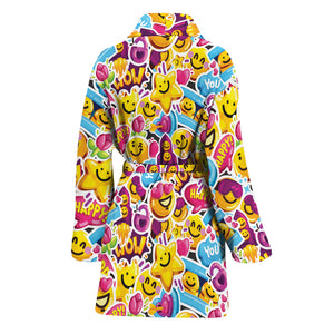 Smiley Faces Emoji Pattern Print Women's Bathrobe