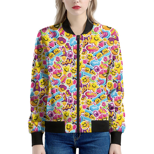 Smiley Faces Emoji Pattern Print Women's Bomber Jacket