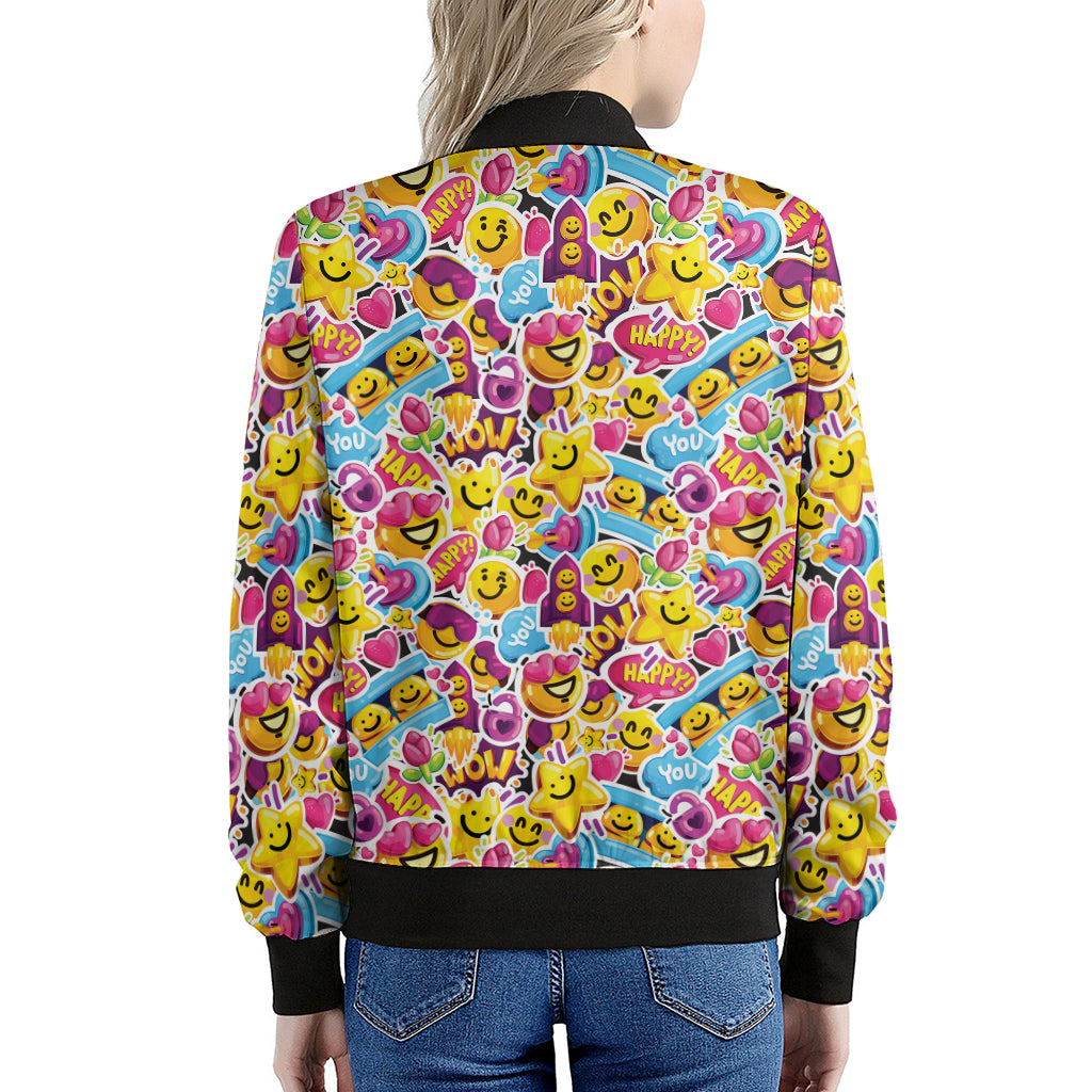 Smiley Faces Emoji Pattern Print Women's Bomber Jacket