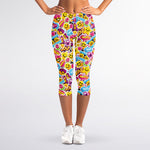 Smiley Faces Emoji Pattern Print Women's Capri Leggings