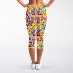Smiley Faces Emoji Pattern Print Women's Capri Leggings