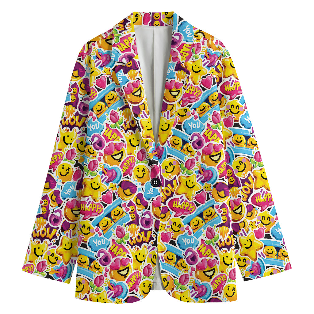 Smiley Faces Emoji Pattern Print Women's Cotton Blazer