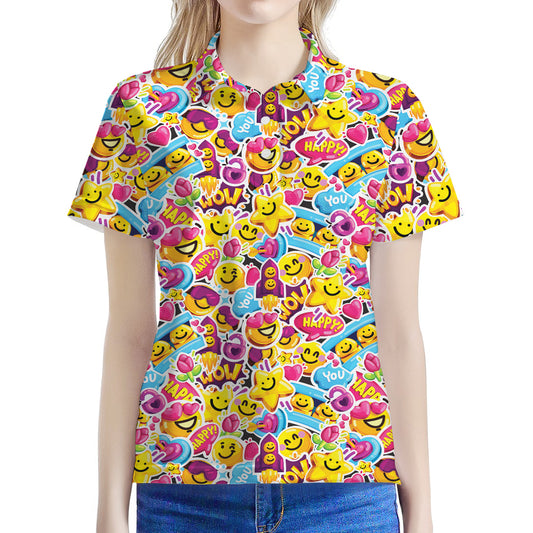 Smiley Faces Emoji Pattern Print Women's Polo Shirt