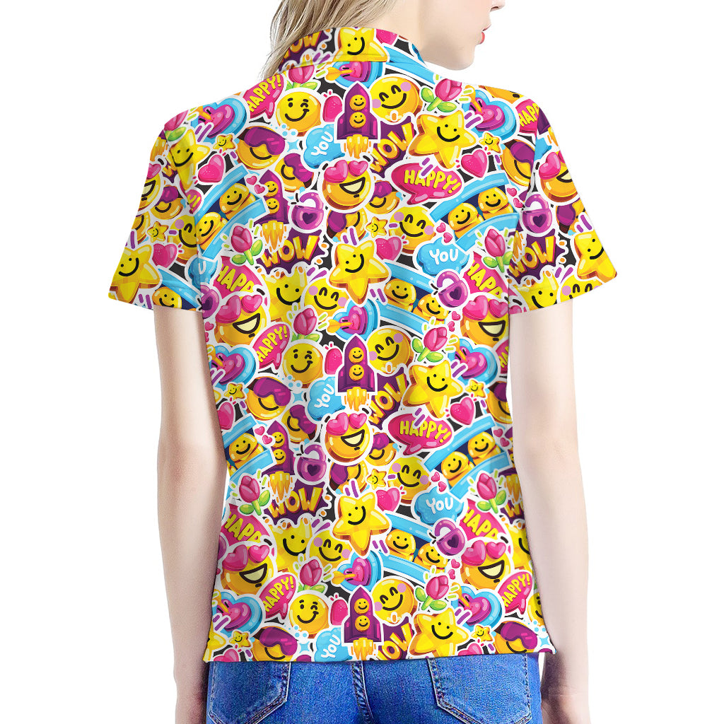 Smiley Faces Emoji Pattern Print Women's Polo Shirt