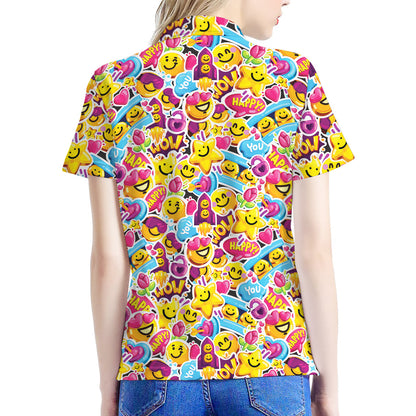 Smiley Faces Emoji Pattern Print Women's Polo Shirt