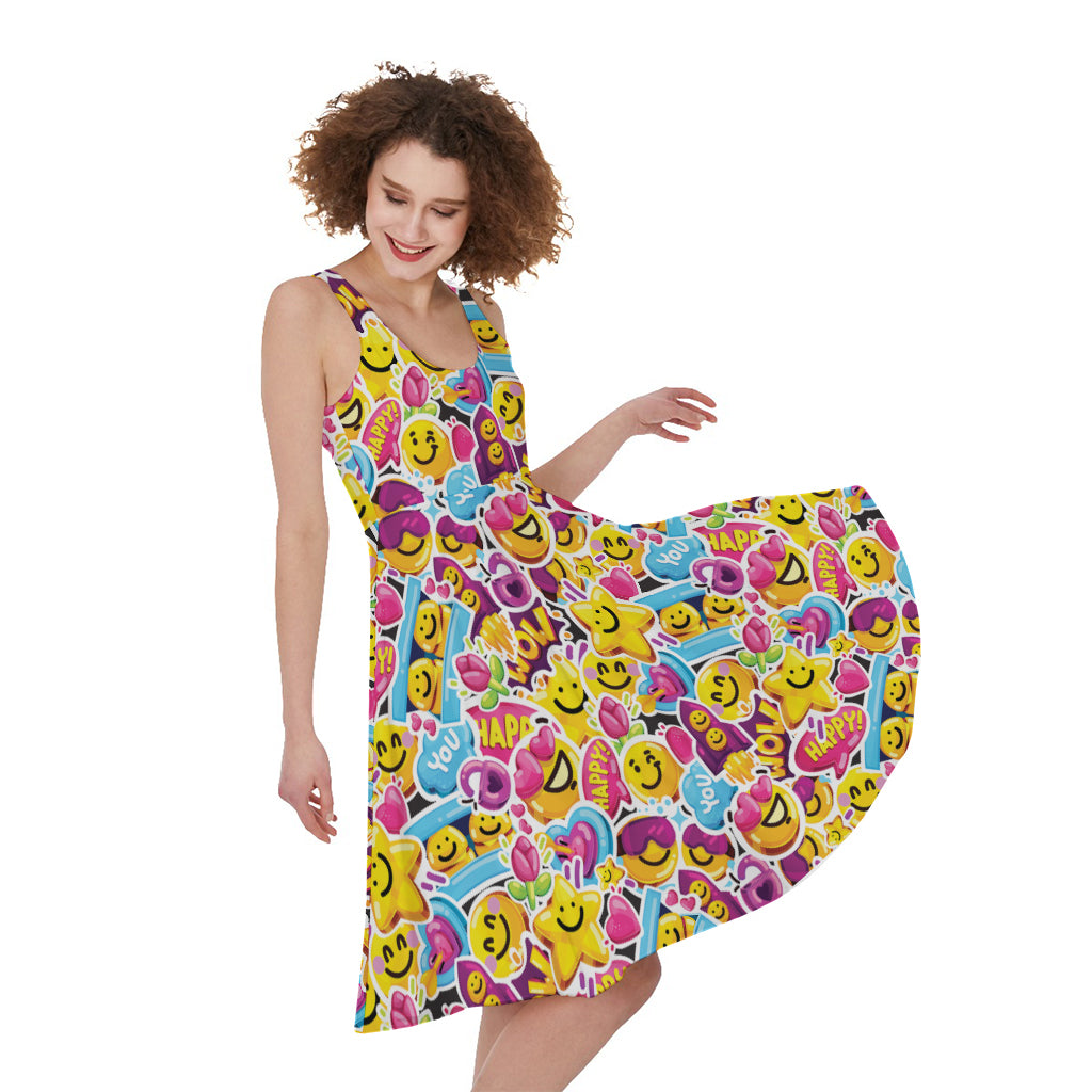 Smiley Faces Emoji Pattern Print Women's Sleeveless Dress