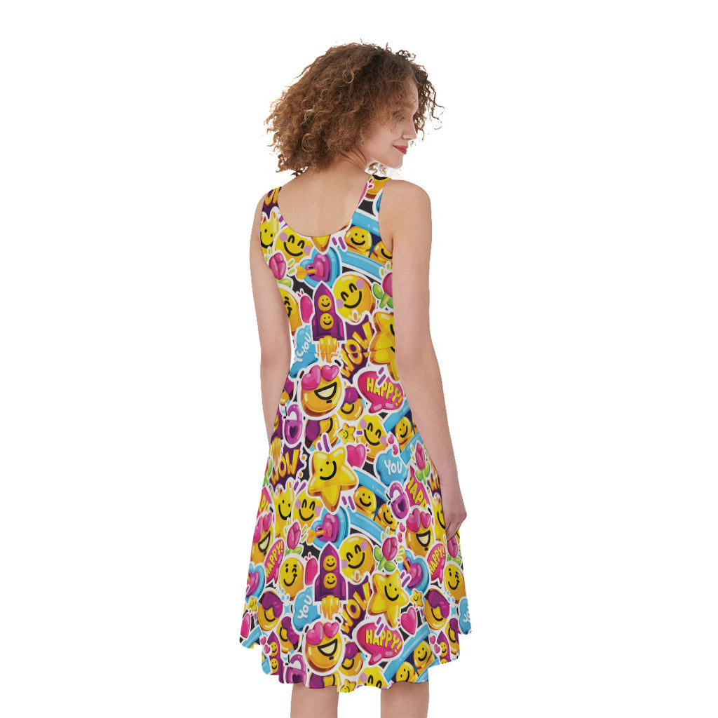 Smiley Faces Emoji Pattern Print Women's Sleeveless Dress