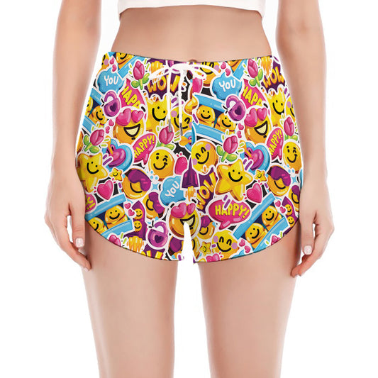 Smiley Faces Emoji Pattern Print Women's Split Running Shorts