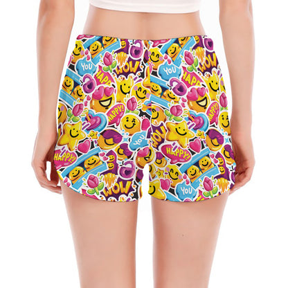 Smiley Faces Emoji Pattern Print Women's Split Running Shorts