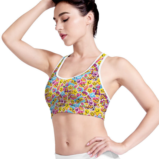 Smiley Faces Emoji Pattern Print Women's Sports Bra