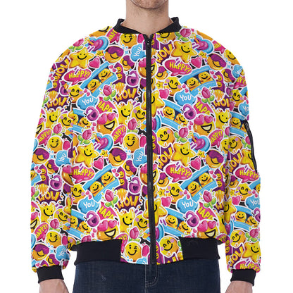 Smiley Faces Emoji Pattern Print Zip Sleeve Bomber Jacket