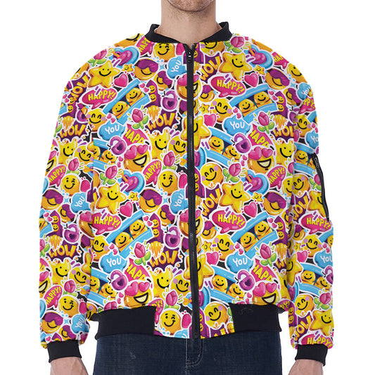 Smiley Faces Emoji Pattern Print Zip Sleeve Bomber Jacket