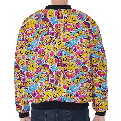 Smiley Faces Emoji Pattern Print Zip Sleeve Bomber Jacket