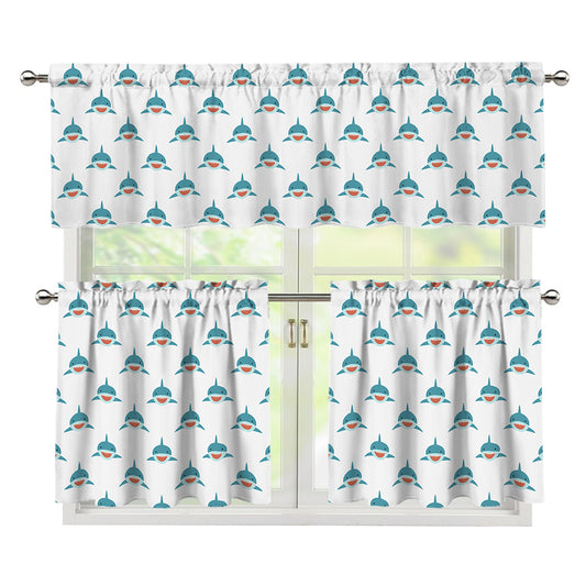 Smiley Shark Pattern Print 3 Piece Kitchen Curtains