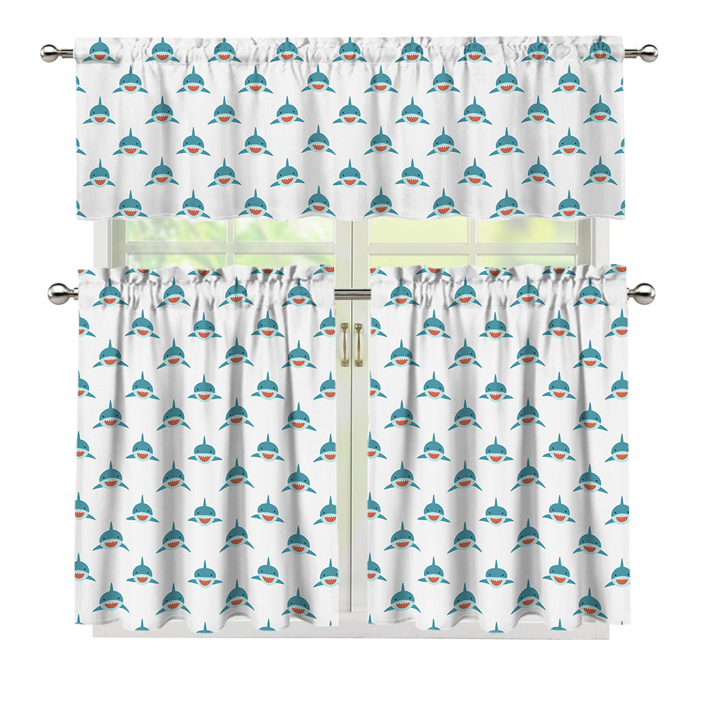 Smiley Shark Pattern Print 3 Piece Kitchen Curtains