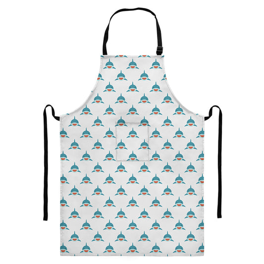 Smiley Shark Pattern Print Bib Apron With Pocket