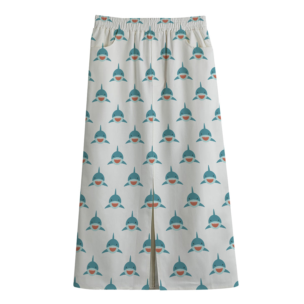 Smiley Shark Pattern Print Cotton Front Slit Maxi Skirt