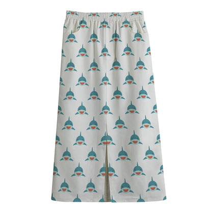 Smiley Shark Pattern Print Cotton Front Slit Maxi Skirt