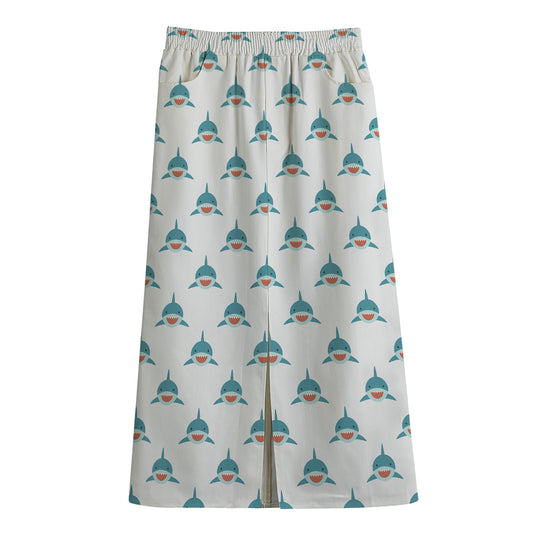 Smiley Shark Pattern Print Cotton Front Slit Maxi Skirt