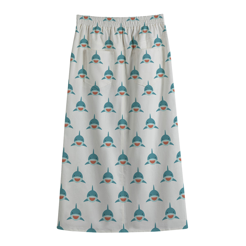Smiley Shark Pattern Print Cotton Front Slit Maxi Skirt