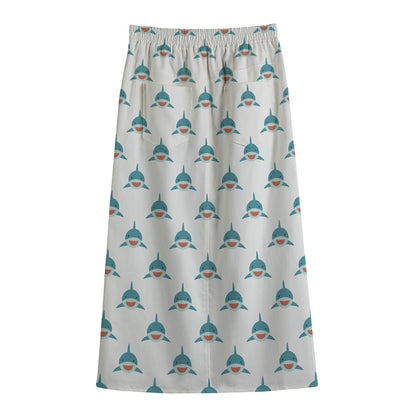 Smiley Shark Pattern Print Cotton Front Slit Maxi Skirt