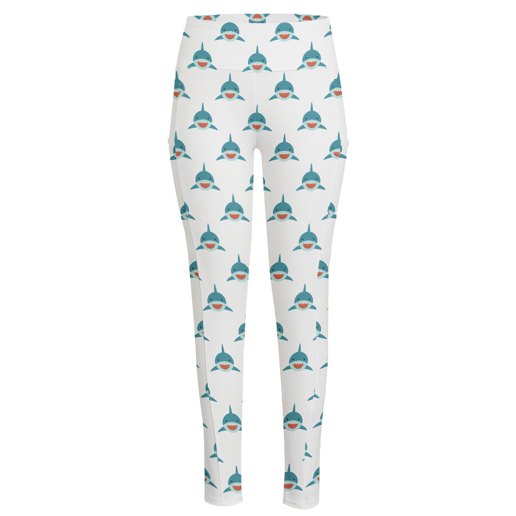 Smiley Shark Pattern Print High-Waisted Pocket Leggings