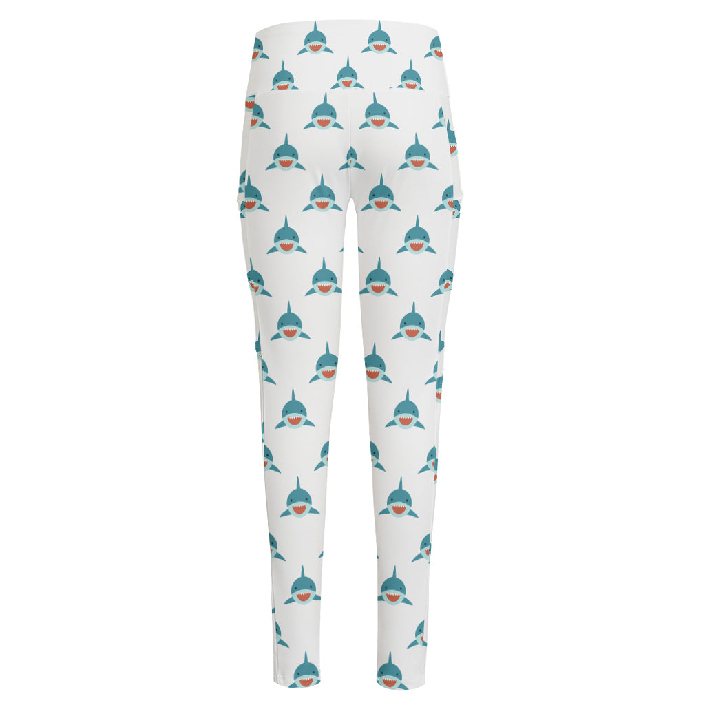 Smiley Shark Pattern Print High-Waisted Pocket Leggings