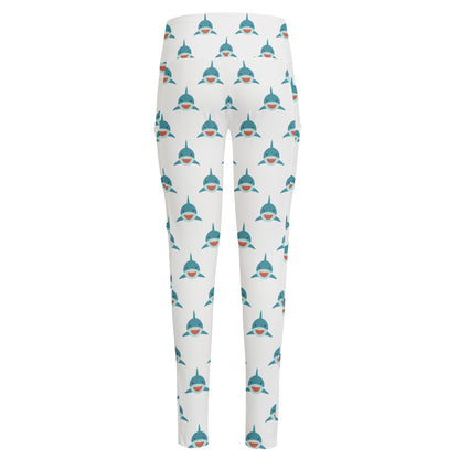 Smiley Shark Pattern Print High-Waisted Pocket Leggings